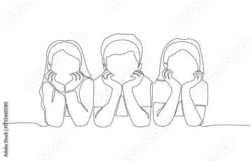 Continuous one line drawing of friends lying on the floor and resting their chins on their hands, symbolizing friendship and togetherness, single line art