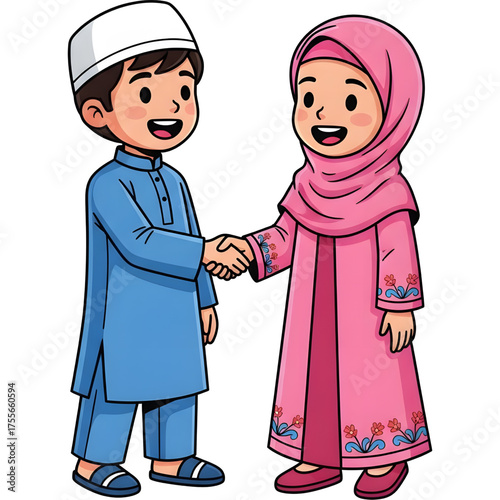 Vector image of two Muslim children (boy and girl) shaking hands happily
