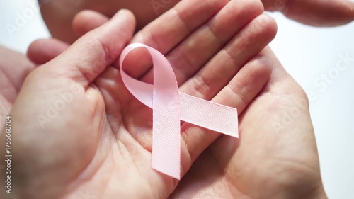 Female hand presenting pink satin ribbon, symbolizing breast cancer awareness, self-diagnosis importance, and October medical support.