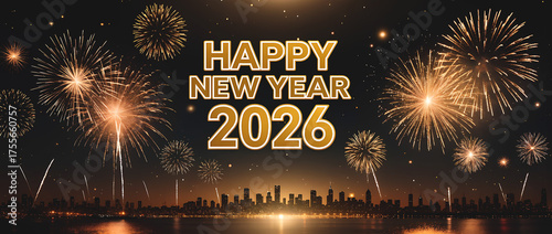 HAPPY NEW YEAR 2026 Golden firework fireworks pyrotechnics on dark night sky