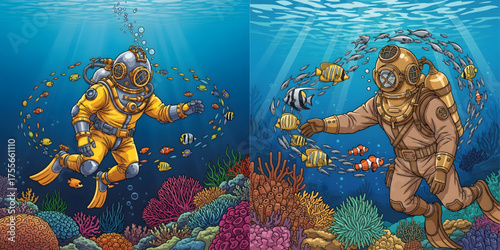 Vector image of a diver in full diving suit, diving goggles, and oxygen tank