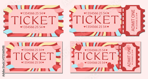 Set of pink tickets with hearts. Romantic vector collection perfect for Valentine’s Day, love events, invitations, or wedding designs.