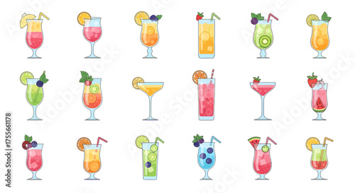 Vector illustration set of colorful summer fruit drinks and mocktails in different glasses with fruit garnish.