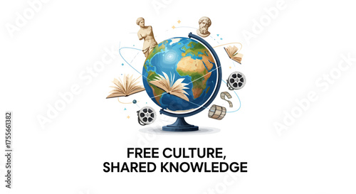 Vector illustration of a globe with floating books, sculptures, and cultural icons.