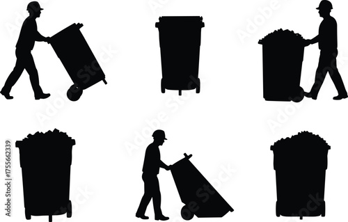 Silhouette of workers handling garbage bins and waste containers, sanitation service illustration, recycling concept, flat vector design
