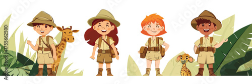 Group of diverse kids in safari explorer outfits with binoculars smiling standing next to giraffe and cheetah cartoon vector illustration flat design