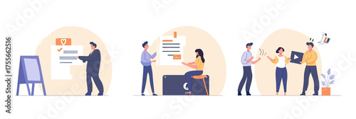 Job searching process with CV review, interview, and candidate interaction, flat minimalist vector people holding resumes and discussing employment options