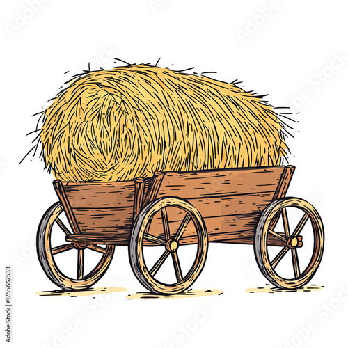 Hand drawn wooden hay cart with large round hay bale rustic farm agriculture sketch illustration isolated on white background vector