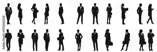 Silhouettes of professional business people standing and walking in formal attire black minimalist vector illustration set of male and female office workers