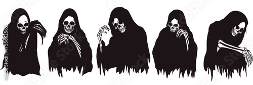 Set of five hooded grim reaper skeleton figures with bony hands and eerie skulls in black cloaks vector illustration for horror and Halloween design themes