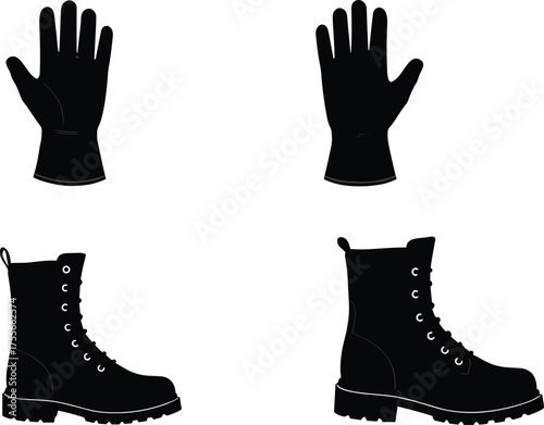 Protective gloves and safety boots silhouette, industrial workwear equipment, construction gear, worker protection concept illustration, flat vector