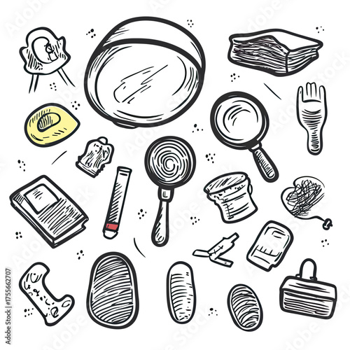 Hand drawn detective investigation doodle set with magnifying glass fingerprint glove bone gloves and forensic objects sketch vector illustration in flat minimalist style