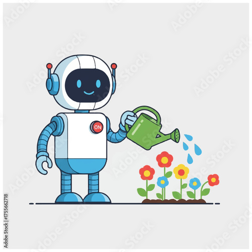 Robot Watering Flowers A Symbol of Technology and Nature.
