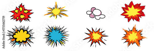 Set of eight colorful comic explosion bursts with spiked edges in flat minimalist vector style for graphic design or pop art illustrations