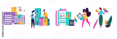 People calculating bills and taxes with calculator and documents, financial planning and budget analysis flat vector illustration set