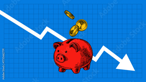 Trendy collage of piggy bank and falling coins and line graph. Alarm, warning signal, savings loss, recession, finance blog concept. Hand drawn retro vector illustration.
