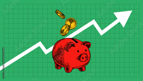 Trendy collage of piggy bank with coins and up line graph. Optimistic growth, savings success, finance education, investment progress concept. Hand drawn retro vector illustration.