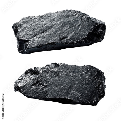 Two dark, jagged, textured shale rock fragments