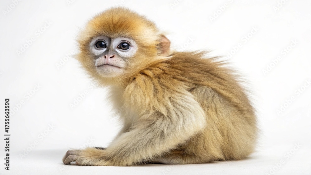 Fototapeta premium A young macaque baby with fur is sitting close to its mother in the wild nature of the jungle, a charming wildlife portrait of a mammal