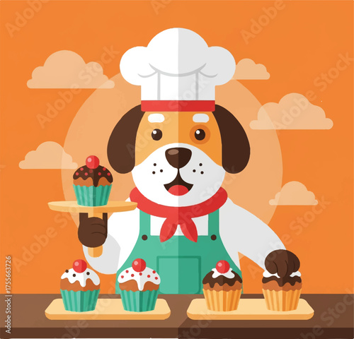 Happy dog in a chef hat and apron serving delicious cupcakes.