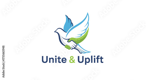 Symbolic logo with a dove of peace and two clasped hands, representing unity, support, and community. Vector icon for charity and cooperation