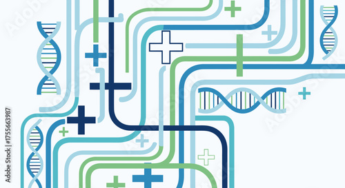 Abstract illustration featuring DNA strands, plus signs, minus signs, and interconnected lines in shades of blue and green on a white background.