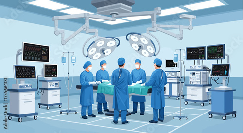 Illustration of a medical team performing surgery in a brightly lit operating room with various medical devices and equipment.