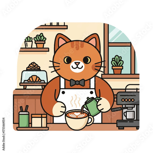 Cute Barista Cat Making Coffee in a Cafe.