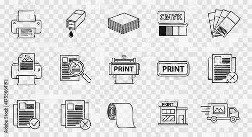 Comprehensive Line Art Vector Icon Set for Printing, Document Management, Office Solutions, and Digital Design Projects, Illustrating Production and Services