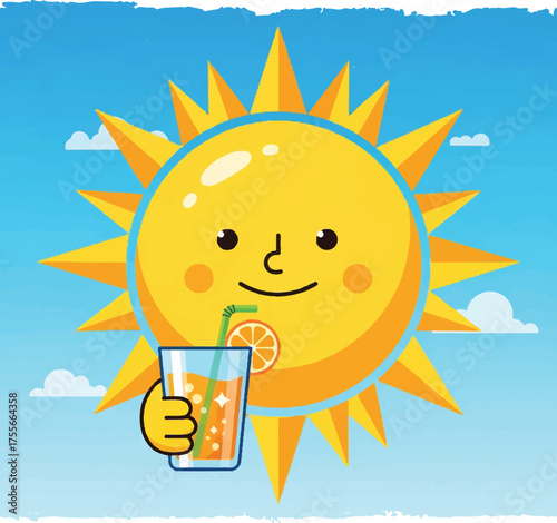 Cheerful cartoon sun holding a refreshing glass of orange juice on a sunny day.