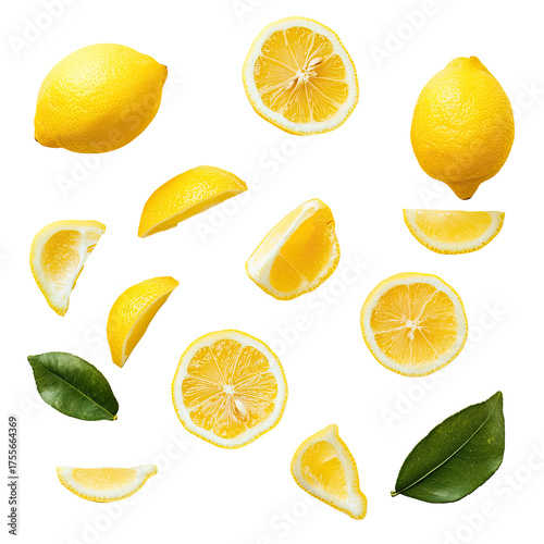 Floating lemons, slices, wedges, and leaves on black backdrop