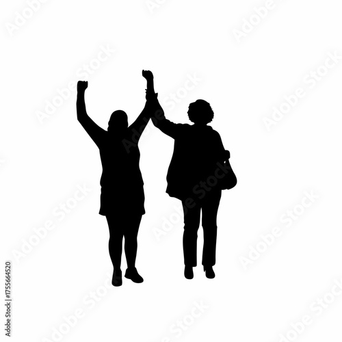 Patient celebrating final therapy day with therapist silhouette isolated on white background