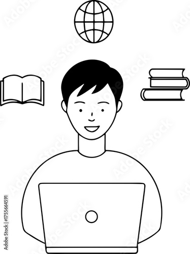 Vector illustration of a person engaged in digital learning and global education, utilizing a laptop surrounded by symbolic icons representing knowledge access and academic resources