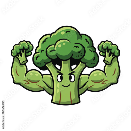 Strong green broccoli character flexing its muscular arms cartoon illustration.