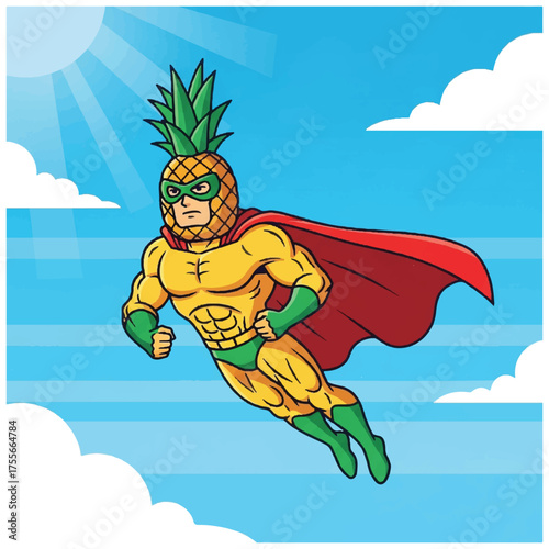 Superhero Pineapple Flying Through The Sky.
