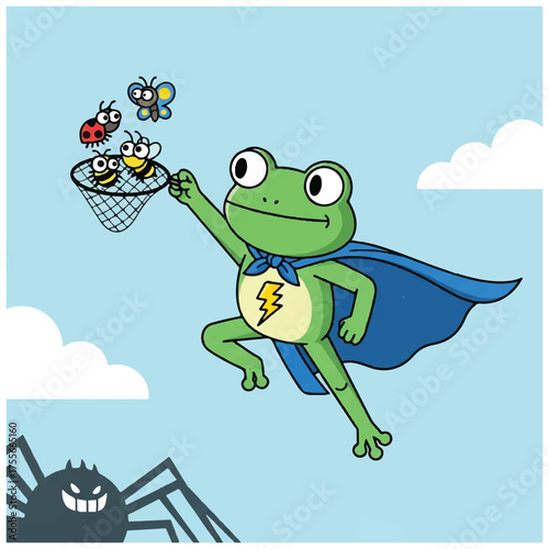 Superhero Frog Catches Insects in Net with Cape and Lightning Bolt.