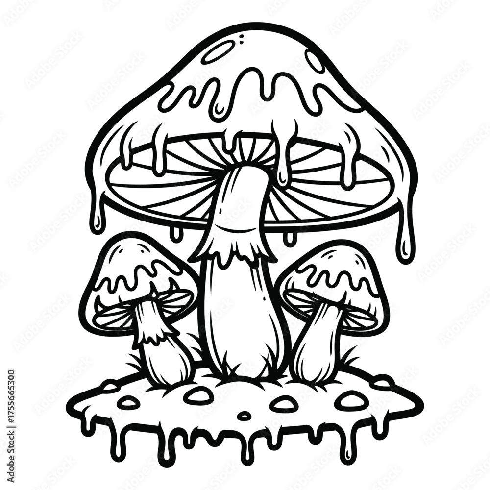 Fototapeta premium Stylized black and white illustration of dripping mushrooms on a textured surface