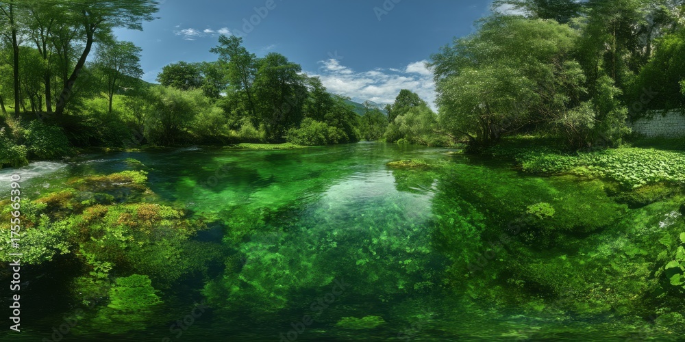 Obraz premium Panoramic hdr nature landscape scenic river lush green environment hdri view