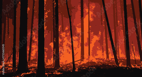 Vast Forest Engulfed in Destructive Wildfire, Illuminating Night with Intense Red and Orange Flames, a Graphic Depiction of Environmental Catastrophe and Ecological Threat