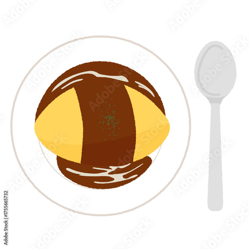 デミグラスソースのオムライス（omelette rice）のかわいいイラスト。スプーンとお皿。