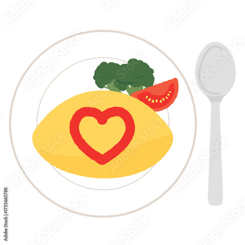 オムライス（omelette rice）のかわいいイラスト。ケチャップでデコレーションしたオムライスのアイコン。スプーンとお皿。