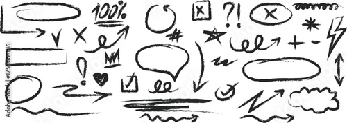 Hand drawn doodle elements arrows checkmarks ovals speech bubbles underlines and Doodle charcoal stroke emphases, arrow, highlight, speech bubble elements. Marker, pen brush stroke. Vector illustrator