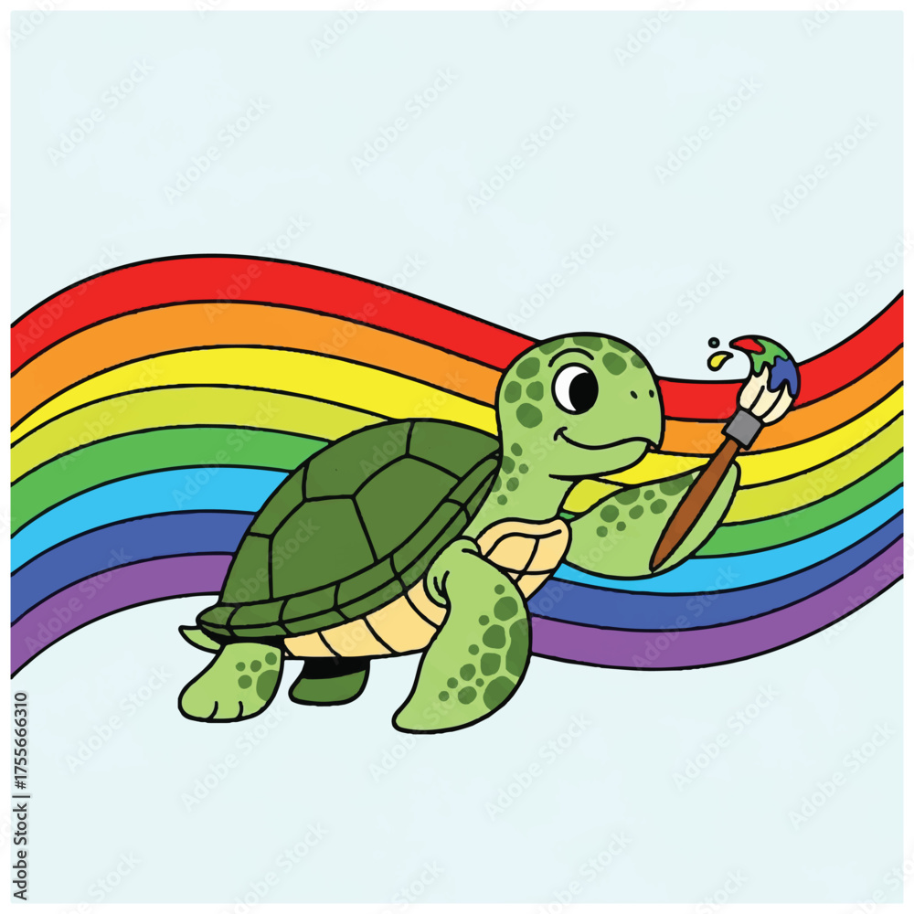 Fototapeta premium Cute Green Turtle Painting a Vibrant Rainbow with a Brush.