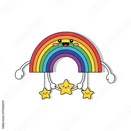 Cheerful rainbow character with stars hanging below a happy face.