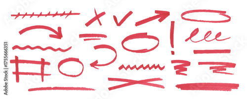 Collection of red marker lines for underlining and highlighting text. Hand drawn texture scribble pen stroke. Curved doodles for design sketch, banner, collage and note.