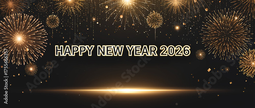 HAPPY NEW YEAR 2026 Golden firework fireworks pyrotechnics on dark night sky