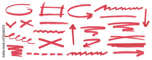 Collection of red marker lines for underlining and highlighting text. Hand drawn texture scribble pen stroke. Curved doodles for design sketch, banner, collage and note.