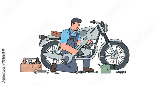 Mechanic Repairing a Motorcycle with Tools A Vector Illustration for Automotive Maintenance and Services