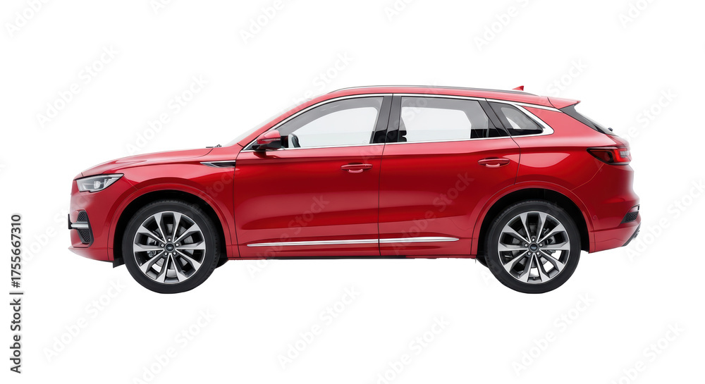 Fototapeta premium Red Luxury SUV Automotive Vehicle Side Profile Isolated on Transparent Background