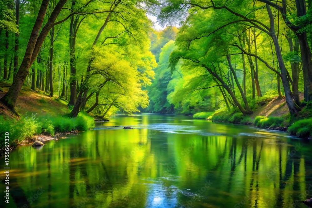 Fototapeta premium A tranquil river reflects the vibrant green forest in the sunlight